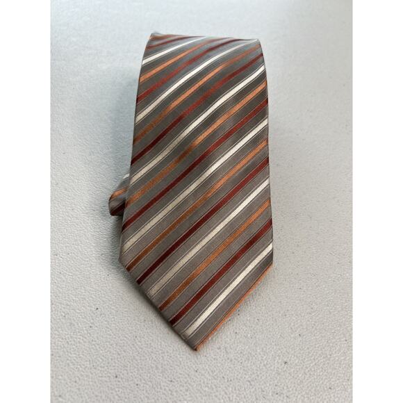 Geoffrey Beene Hand Made Gray with Red, Orange and White Striped Designer Tie - Picture 1 of 7